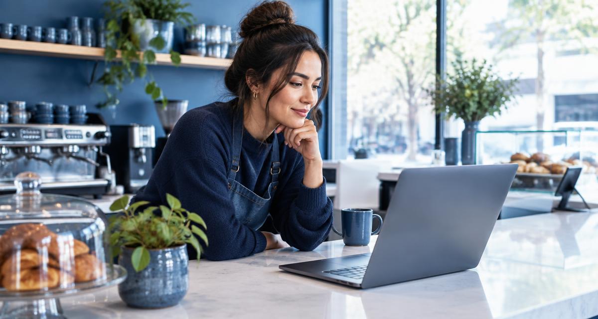 A business owner reading customer reviews on a laptop in her café