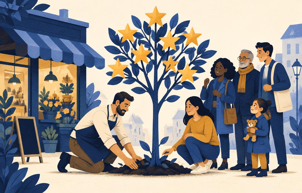 A shop owner planting a tree whose leaves are stars, while real customers gather around