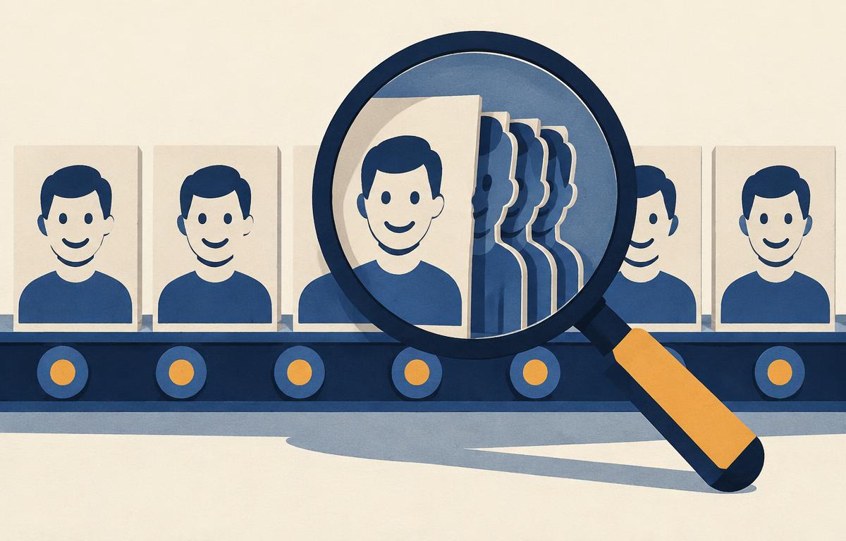 A magnifying glass revealing that identical reviewer profiles are the same copied silhouette