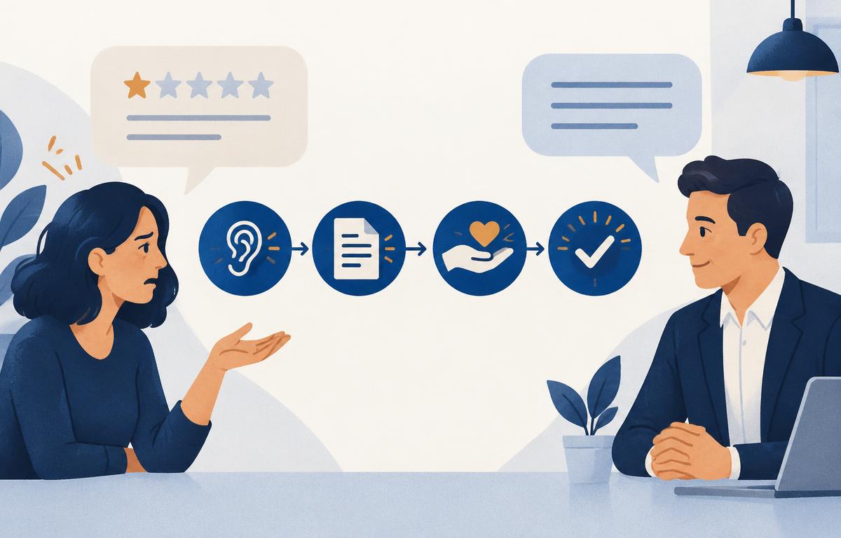 Four stages of a useful review response: listen, check facts, help and resolve